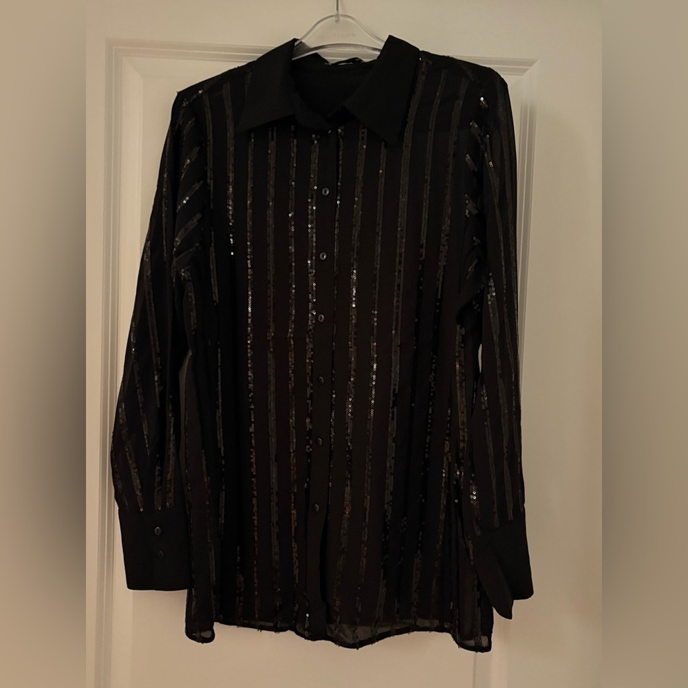 Suzy Shier Black Sheer Sequin Button-Down Dress – Size Small - Picture 9 of 10